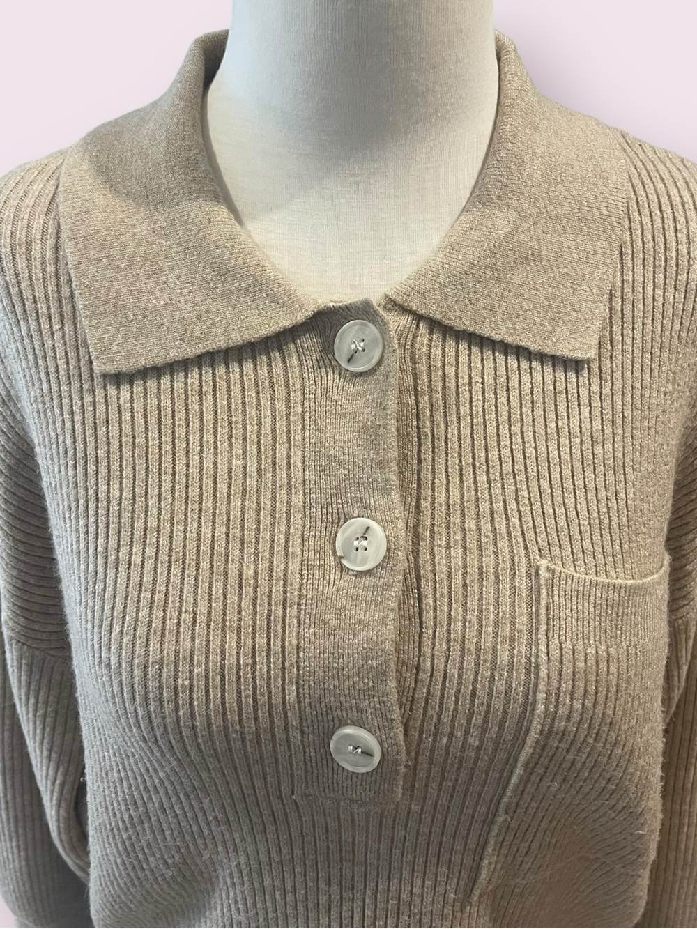 Mable Tan Ribbed Polo-Neck Button Sweater - Picture 4 of 7